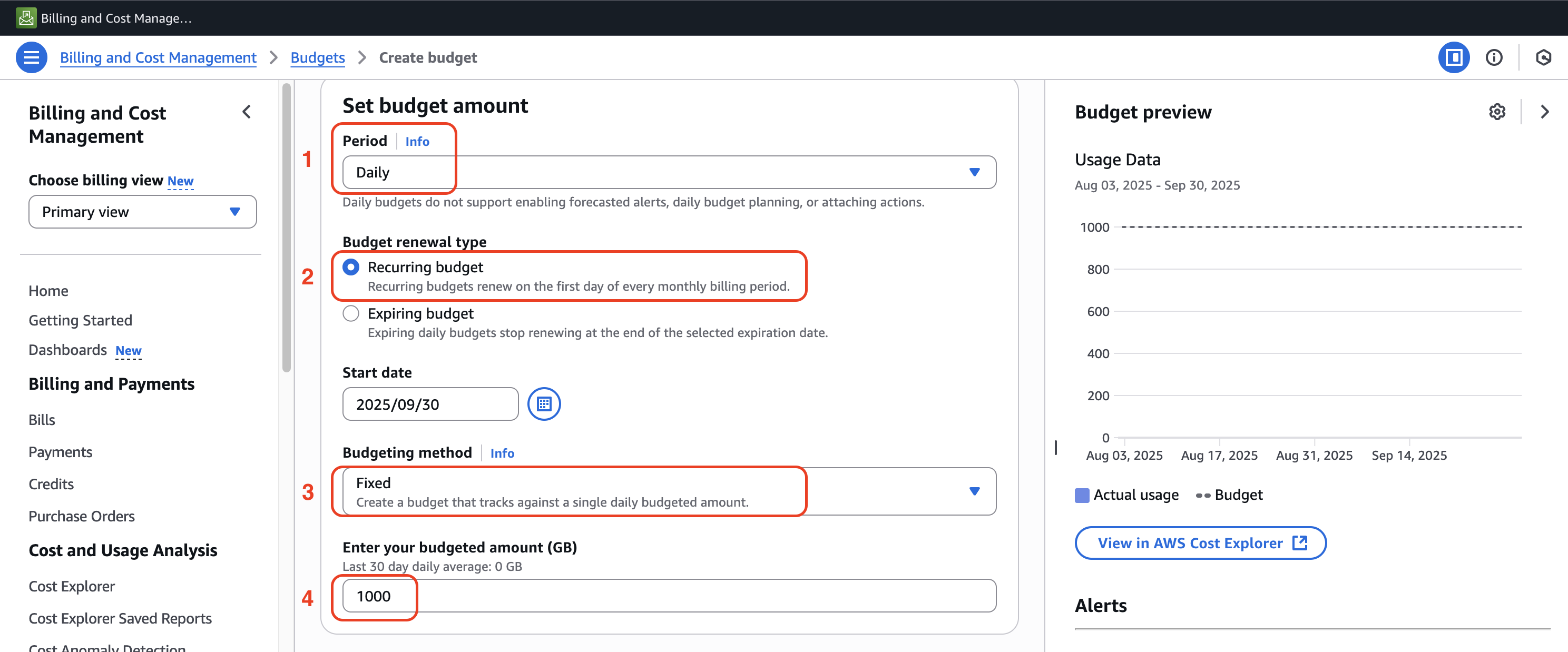 Configure budget parameters