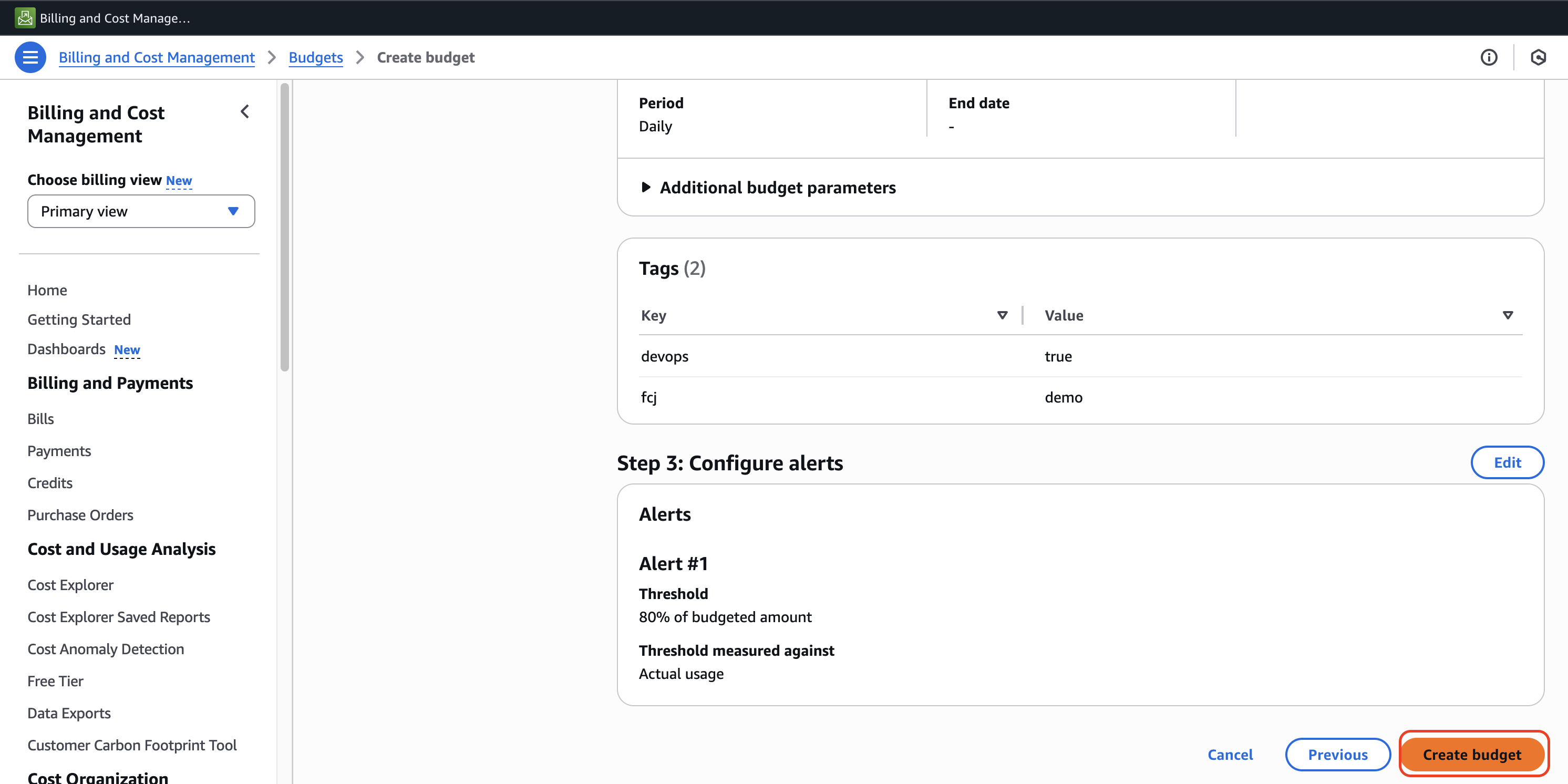 Review and create Usage budget